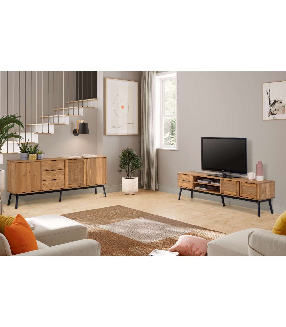 Mueble Tv 2 Puertas 2 Cajones Natalia Acabado Madera De Pino Largo: 180cm Ancho: 40cm Alto: 52cm_0