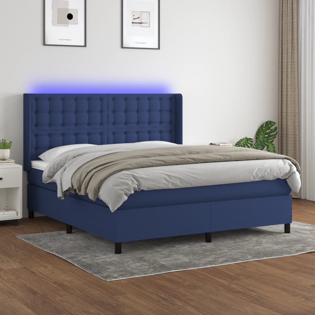 Cama Box Spring Colchón Y Luces Led Tela Azul 160x200 Cm / Vetonek_5