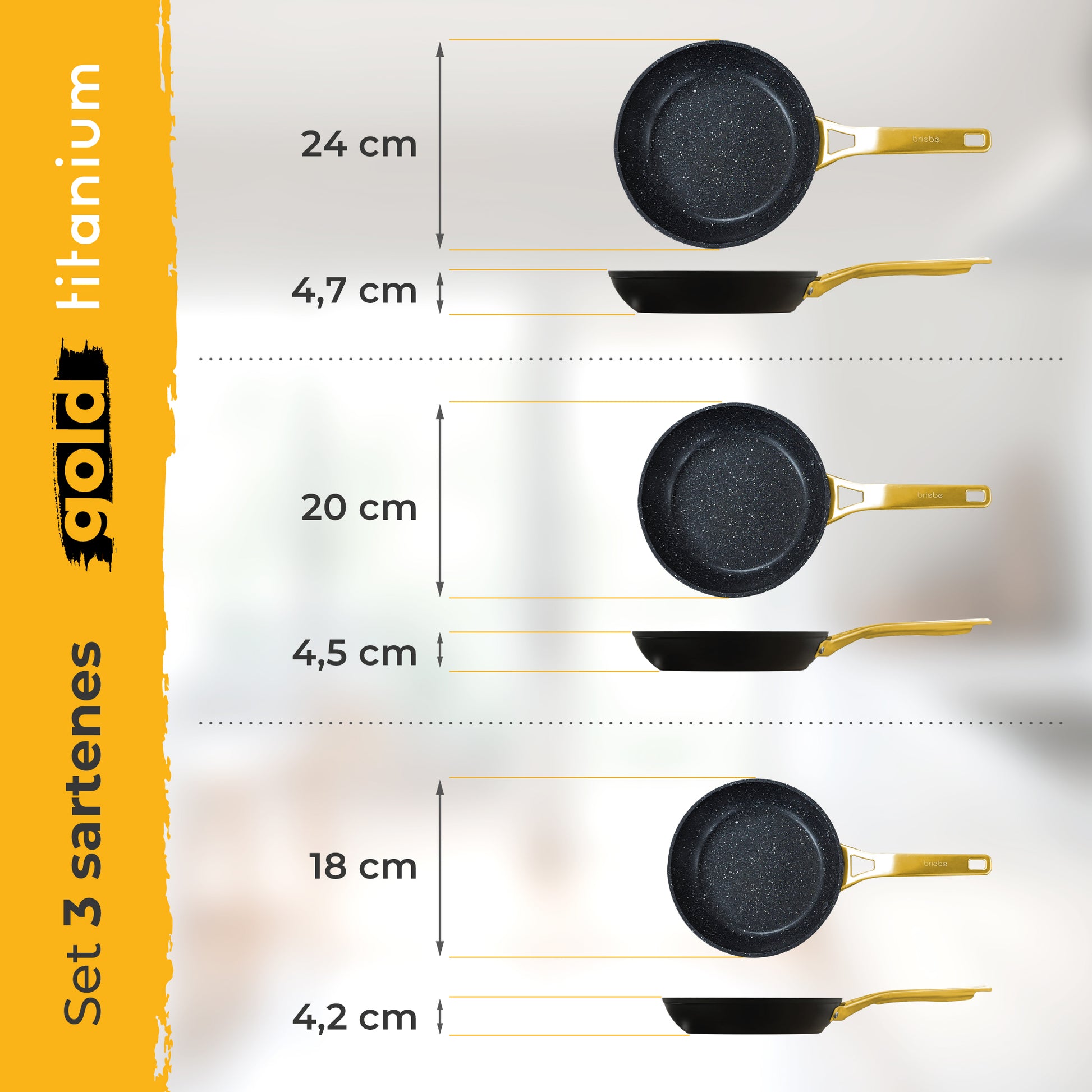 Briebe Set 3 Sartenes Antiadherentes Inducción Titanio 18-20-24cm, Aluminio Forjado Antiadherente, Gold Titanium_4