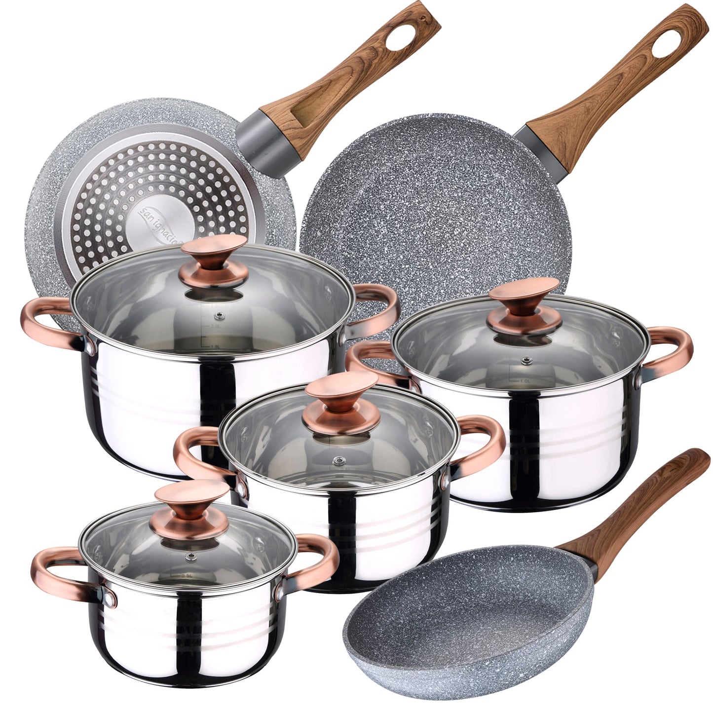 Bateria De Cocina 8 Piezas San Ignacio Premium Nona De Acero Inoxidable Con Juego De Sartenes (22/24/26 Cm) San Ignacio Daimiel En Aluminio Forjado_0