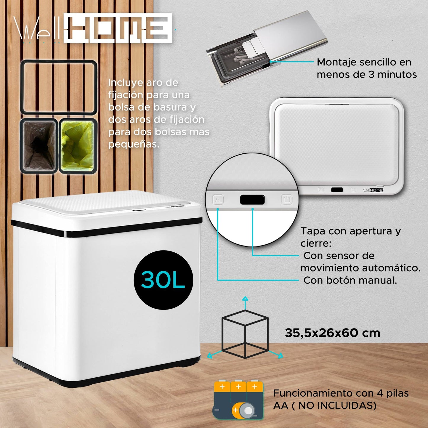 Cubo Reciclaje 15l+15l Sin Patas Apertura Auto Blanco_1