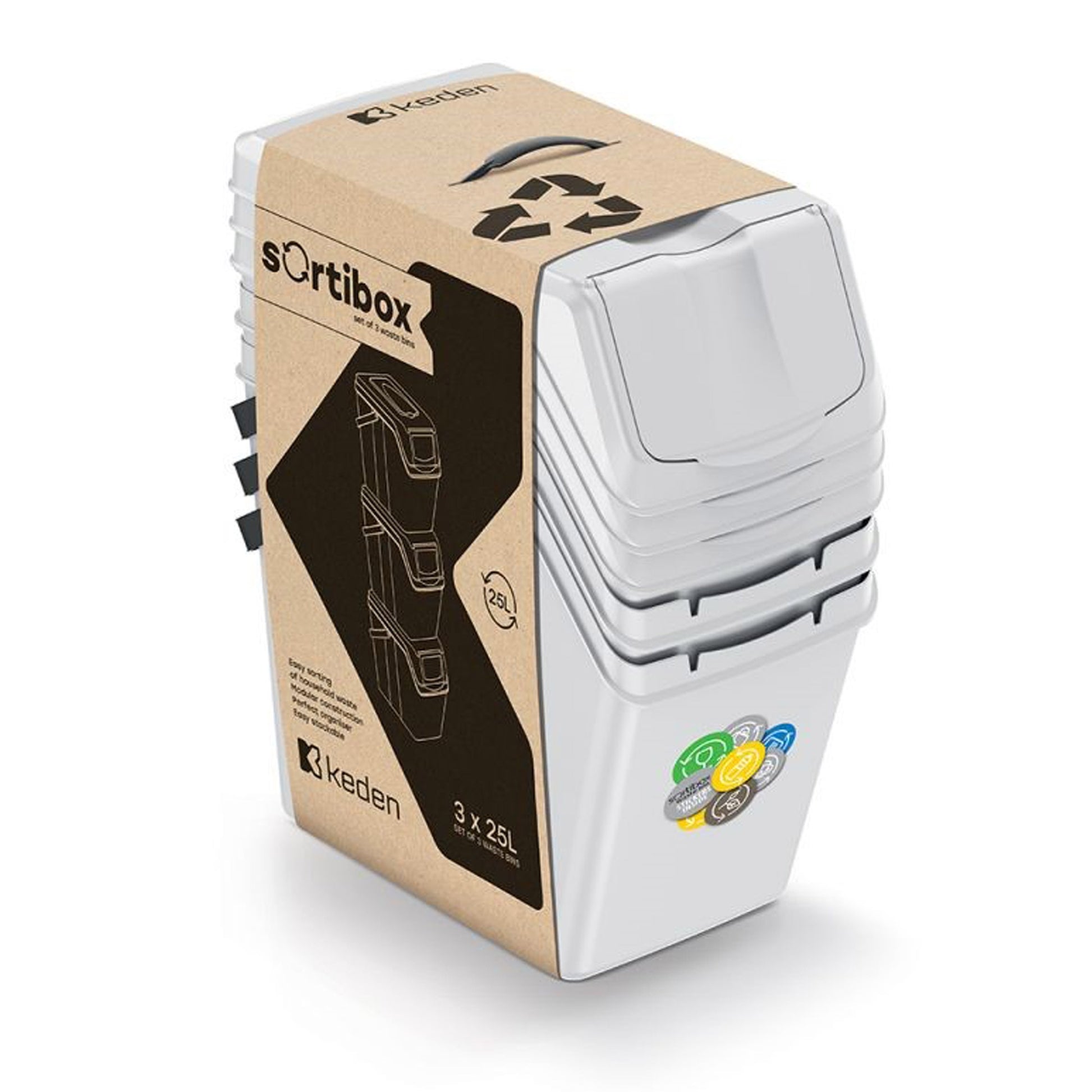 Set De 3 Cubos De Basura Keden Sortibox Para Reciclado, Blanco Roto, Volumen 3x25l_2