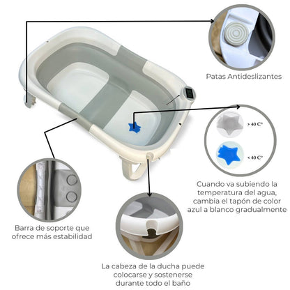 Bathby Bañera Bebé Plegable Con Termómetro, Cojín Antideslizante, Patas Antideslizantes (gris Oasis)