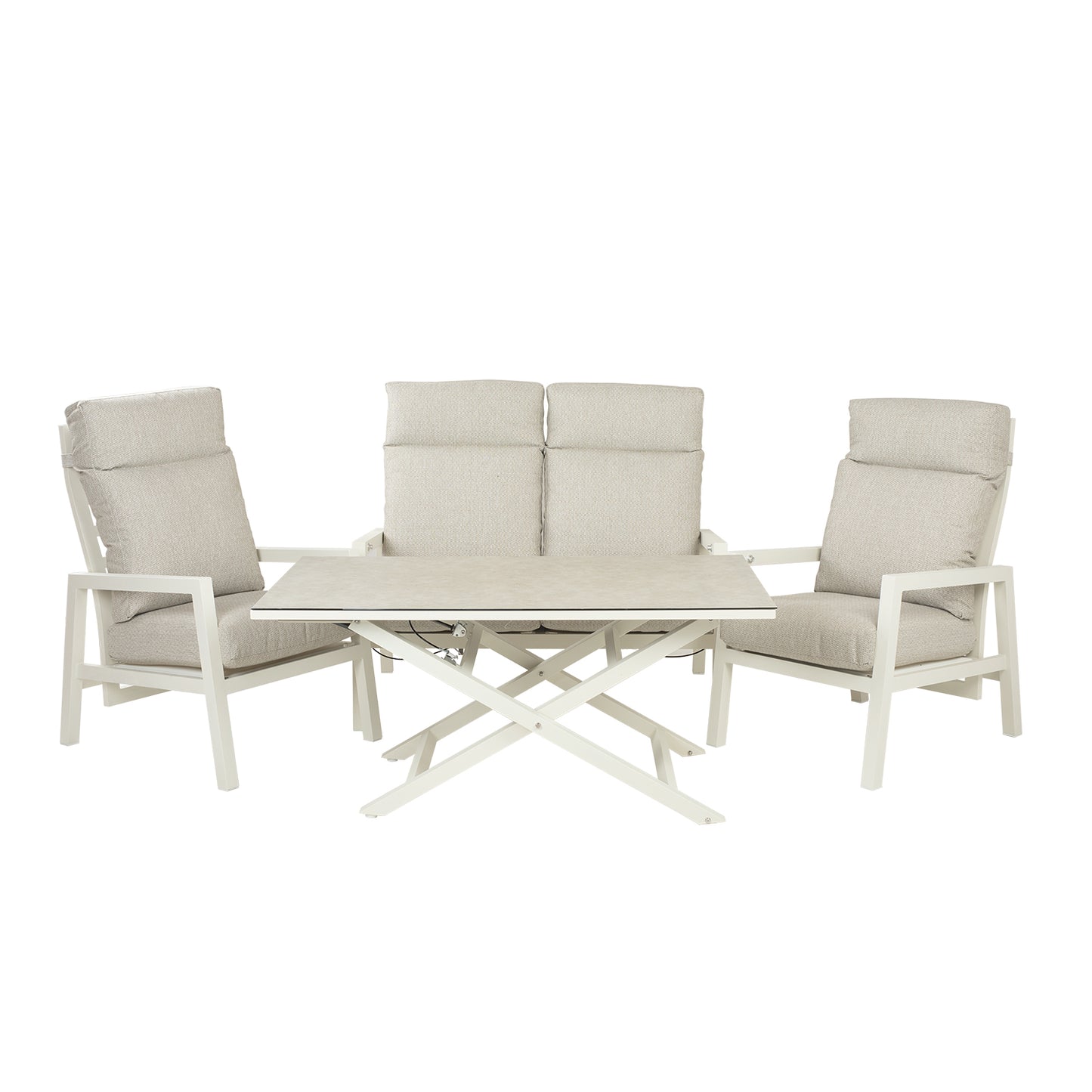 Conjunto Relax Reclinables, Mesa Regulable, Aluminio, Color Blanco Envejecido, Mesa:140x80x29/64cm Sillón:66x83x104 Cm Sofá:126x82x112 Cm Alto_0