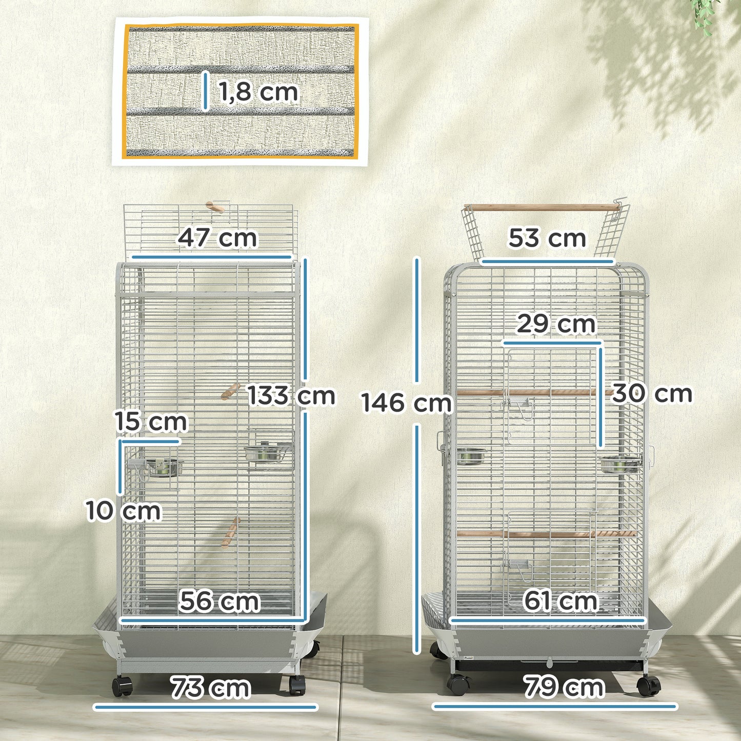 Pawhut Jaula Para Pájaros Con Ruedas Perchas 79x73x146 Cm Gris Claro_2