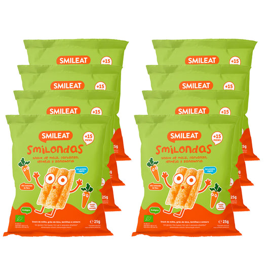 Pack de 8 Snacks Smilondas feitos de milho, grão-de-bico, lentilhas e cenouras biológicas, Smileat, 25 g