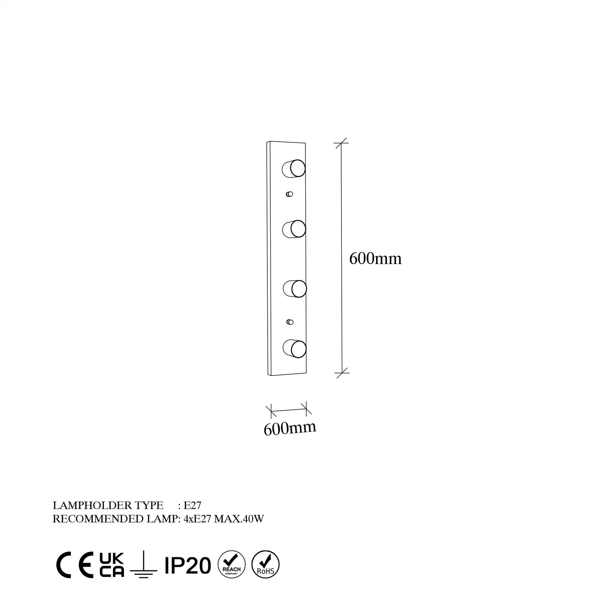 Aplique De Pared, Metal , Blanco, 10x10x60, Casquillo 4 X E27 Max 40 W