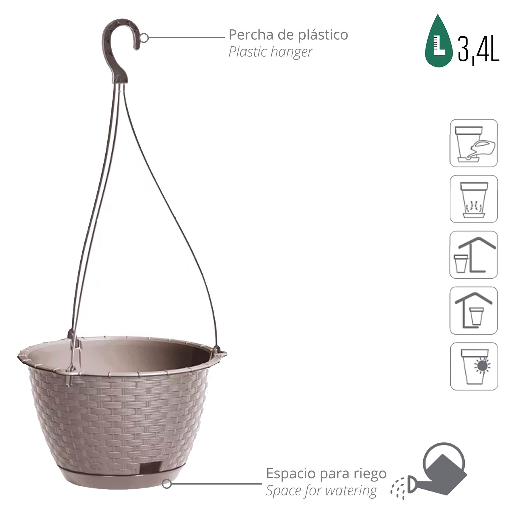Macetero Colgante Ratolla Round W 3,4l., Dimensiones (mm) 217x217x142, Color Mocca