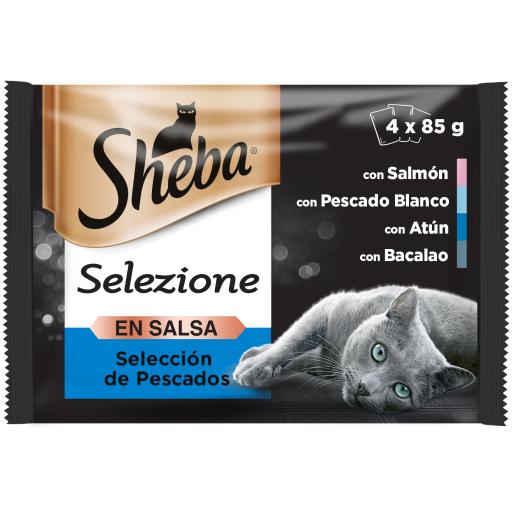 Ração húmida para gatos Sheba Selezione Fish Selection 4x85g com molho