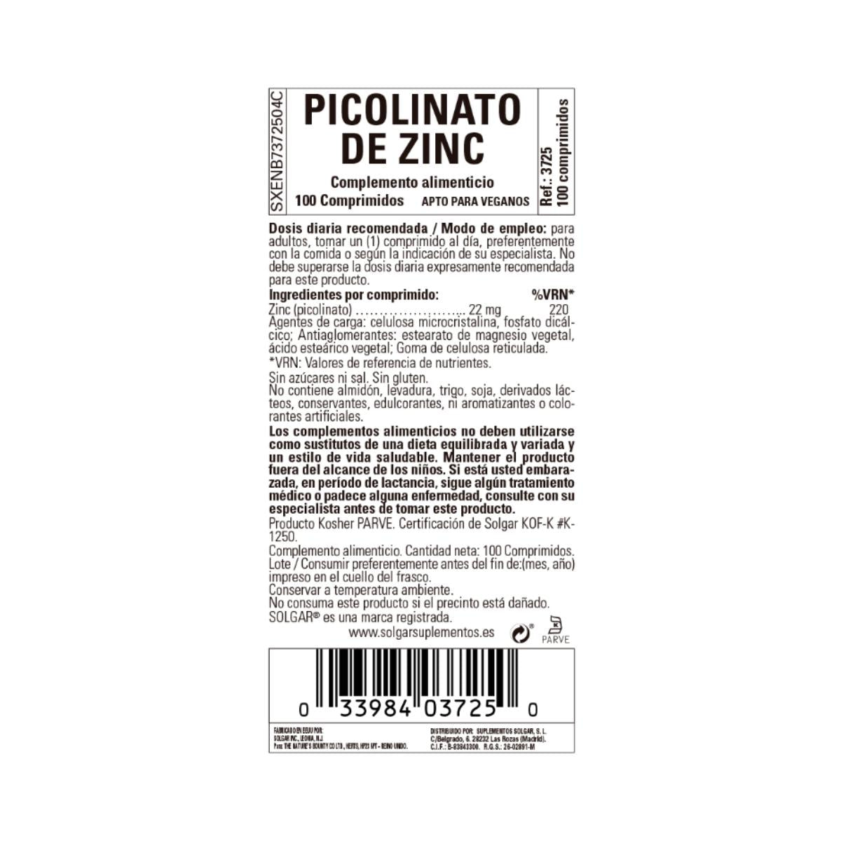 Picolinato de Zinco 100 comprimidos de 22 mg Solgar