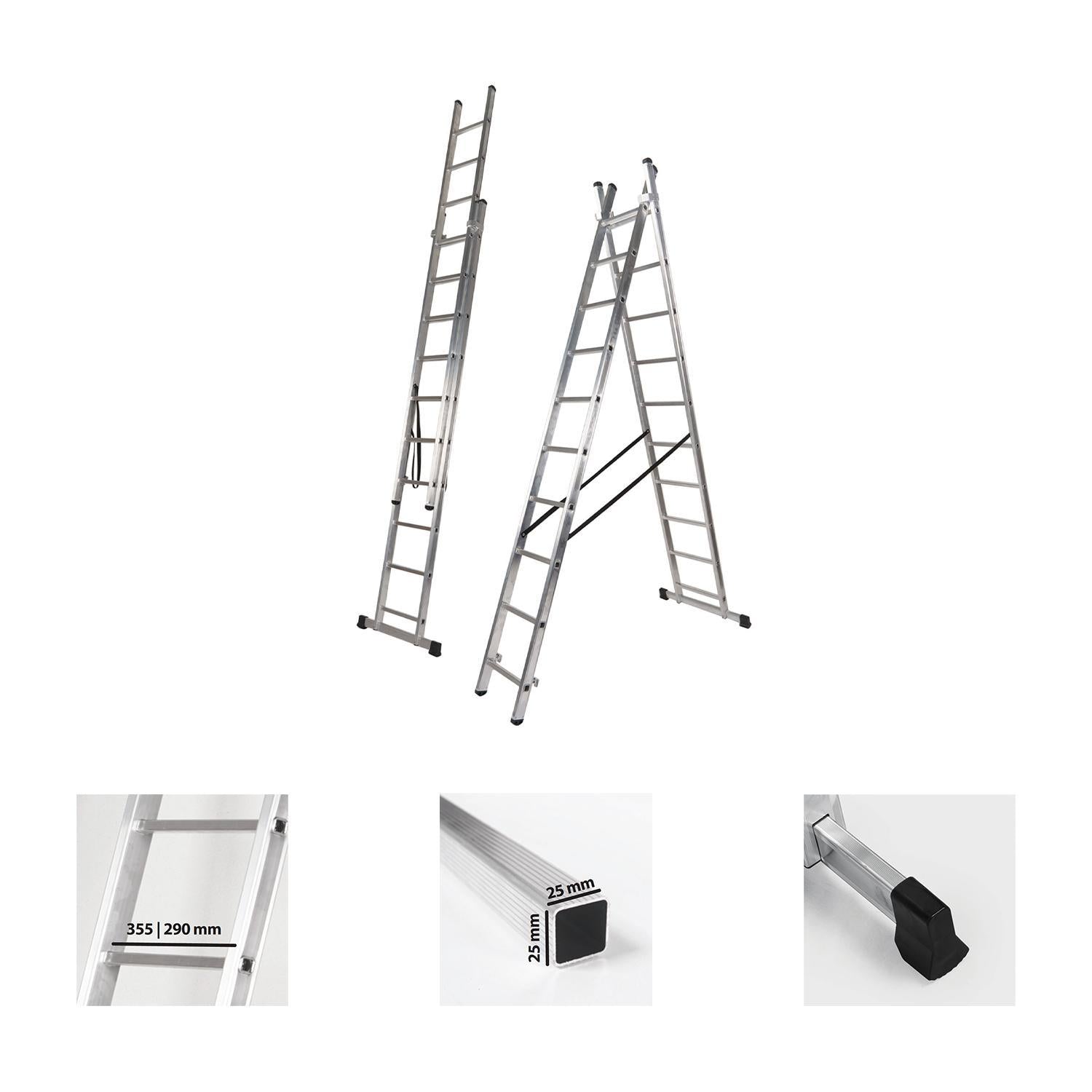 Escalera Aluminio 2 Tramos 9+9 Peldaños. Plegable, Antideslizante, Resistente_1