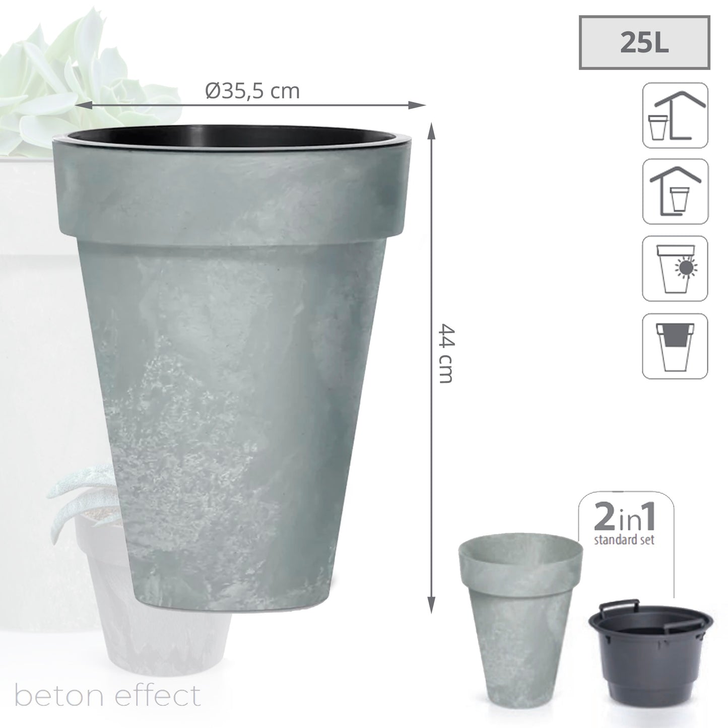 Maceta Cube Slim Beton Effect 25l, Con Depósito, 35,5x35,5x44cm, Color Hormigón