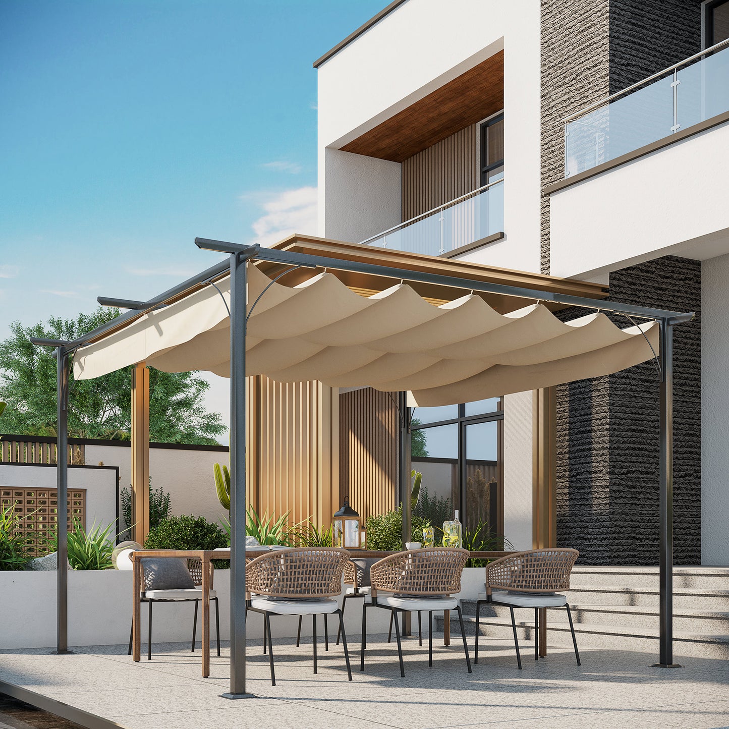 Outsunny Pérgola De Metal 3.5x3.5m Gazebo Cenador Con Techo Retráctil_1