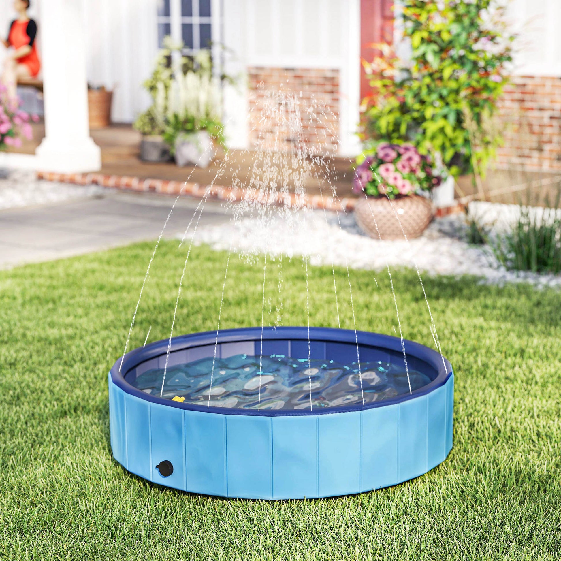 Pawhut Piscina Para Perros Plegable Con Aspersor Antideslizante Resistente Azul_1