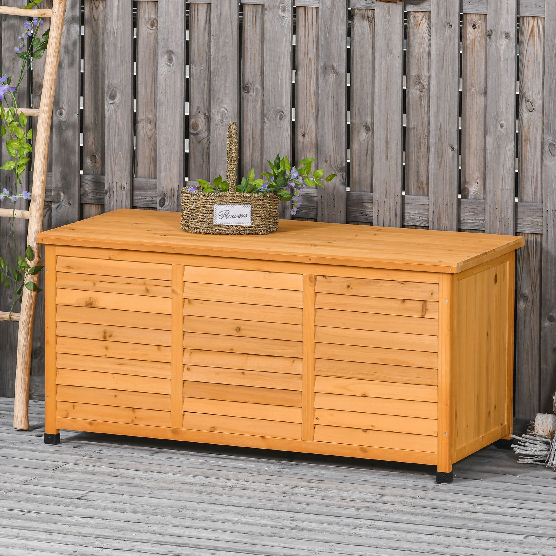 Outsunny Baúl De Madera Exterior Con Tapa Abrible Y Diseño Persiana 127x56x60 Cm_1