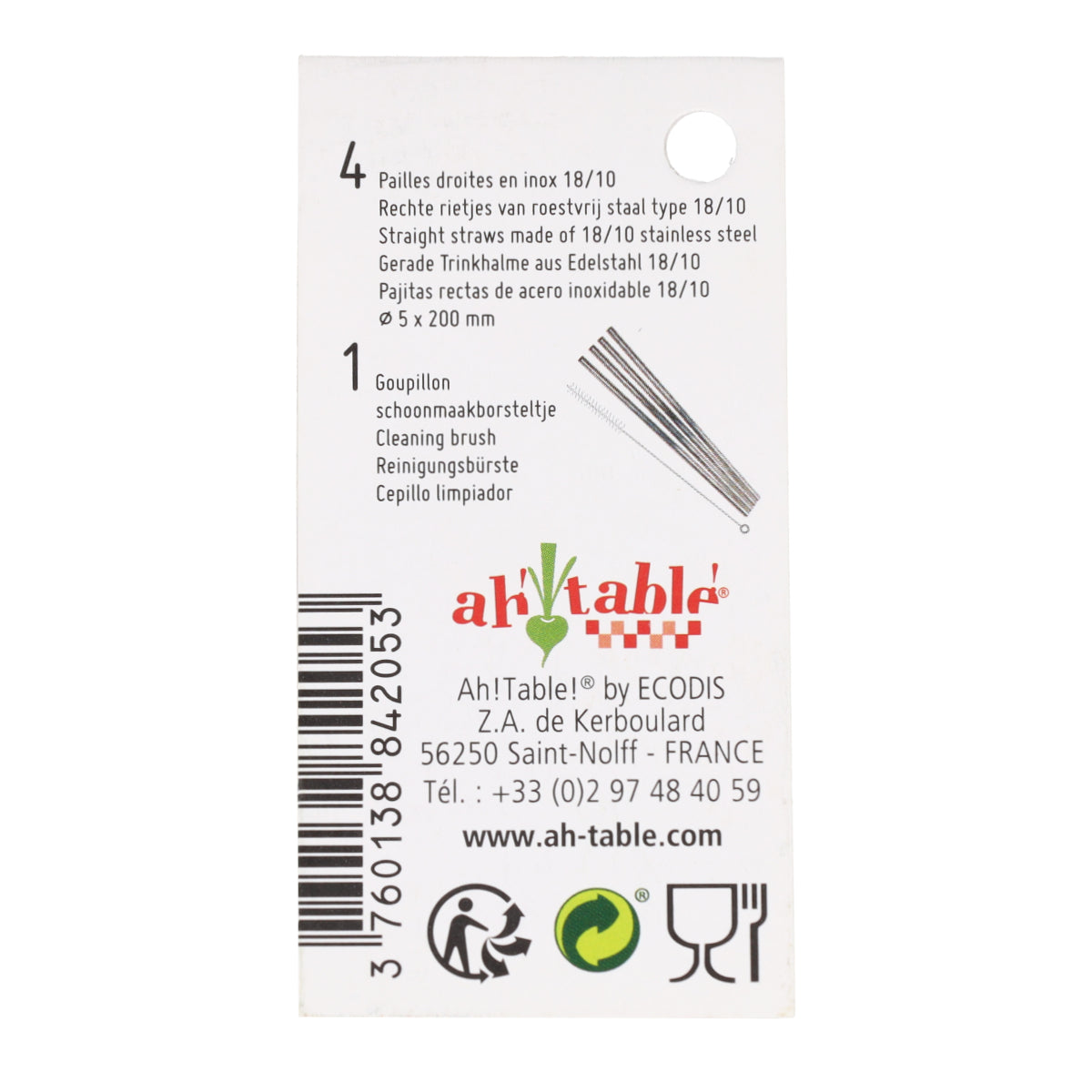 Pajitas rectas de acero inoxidable Ah Table! 4 uds + 1 cepillo de limpieza