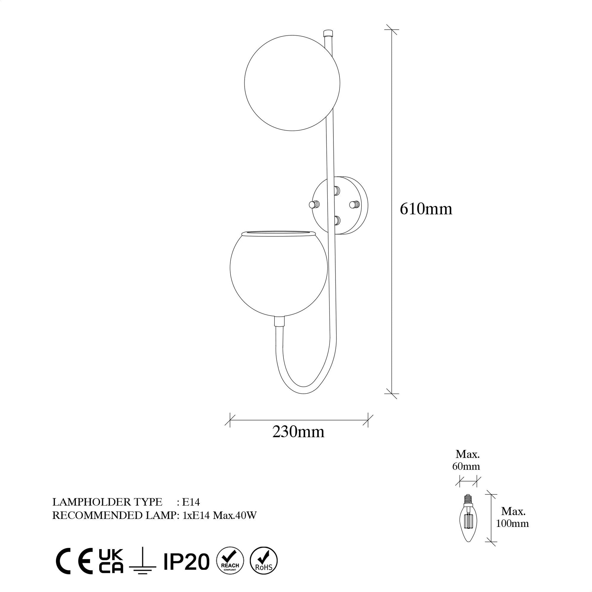Aplique De Pared, Metal , Negro, 15x23x61, Casquillo E14 Max 40 W_1