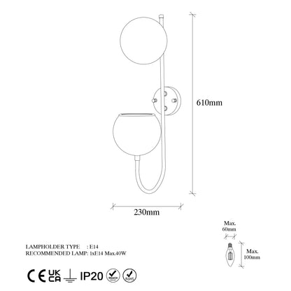 Aplique De Pared, Metal , Negro, 15x23x61, Casquillo E14 Max 40 W_1