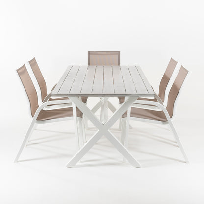 Conjunto Mesa De Jardin 190 Cm Con 6 Sillones Apilables, Aluminio Blanco, Textilene Taupé, 6 Plazas_3