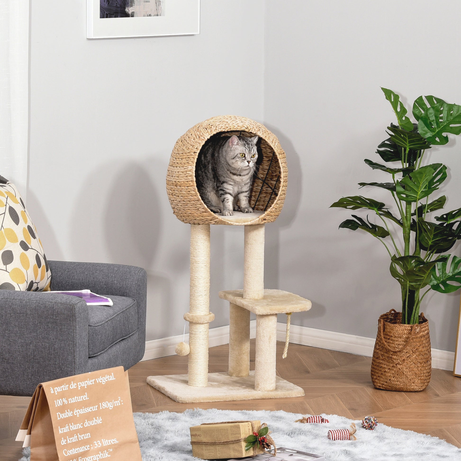 Pawhut Árbol Rascador De Gatos Caseta Bola Y Cuerda De Juego Poste De Sisal_1