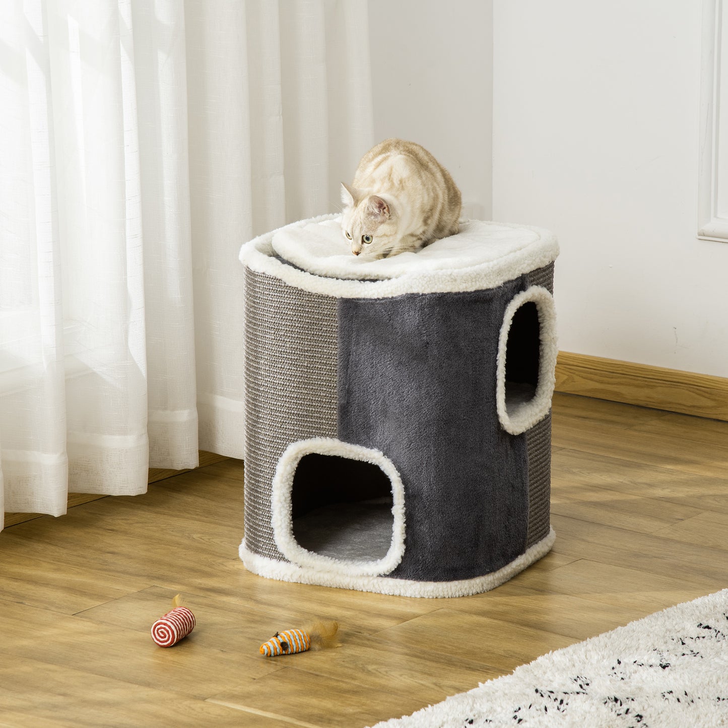 Pawhut Barril Rascador Para Gatos 2 Niveles Con Cuevas De Sisal 40x40x49cm Gris_1