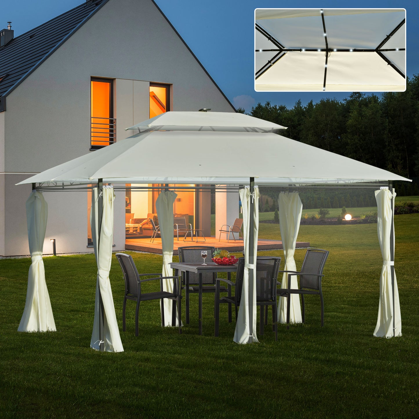 Outsunny Carpa De Jardín 4x3 M Doble Techo 6 Cortinas Laterales Con Luz Led_1