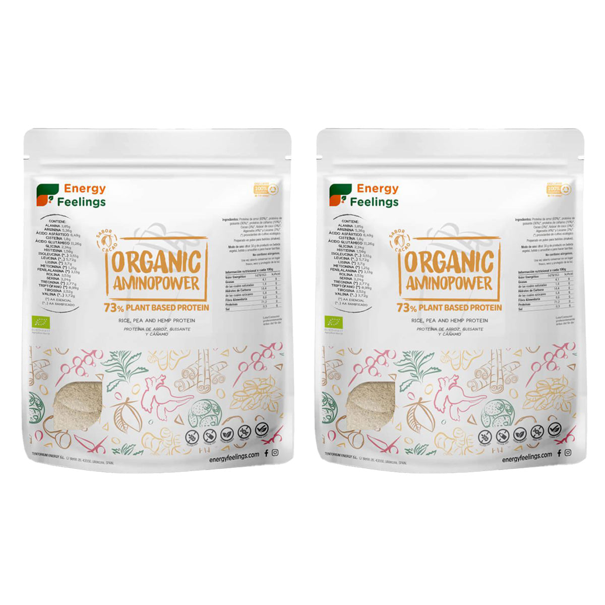 Embalagem de 2x Proteína vegan Aminopower orgânica 73% Cacau Energy Feelings 1 kg