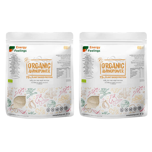 Embalagem de 2x Proteína vegan Aminopower orgânica 73% Cacau Energy Feelings 1 kg