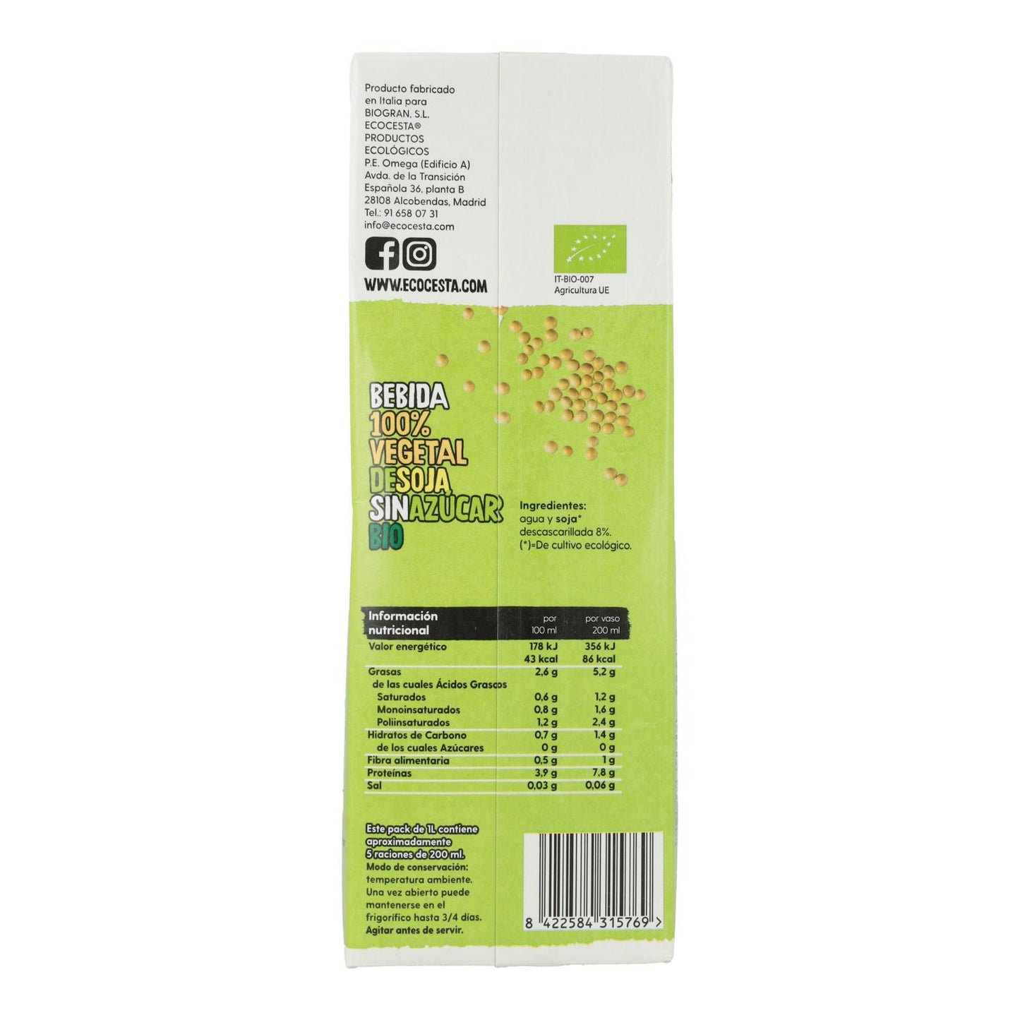 Bebida Vegetal Proteica de Soja 0% Açúcar Bio 1L Ecocesta