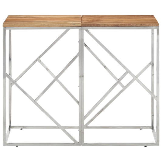 Mesa Consola Acero Inoxidable Y Madera Maciza Acacia Plateada_0