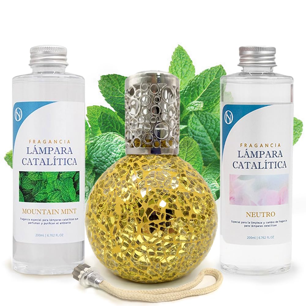 Pack Ahorro Lámpara Catalítica Mosaico Dorado + Fragancia Mountain Mint 200ml + Limpiador Neutro 200ml + Mecha Repuesto_0