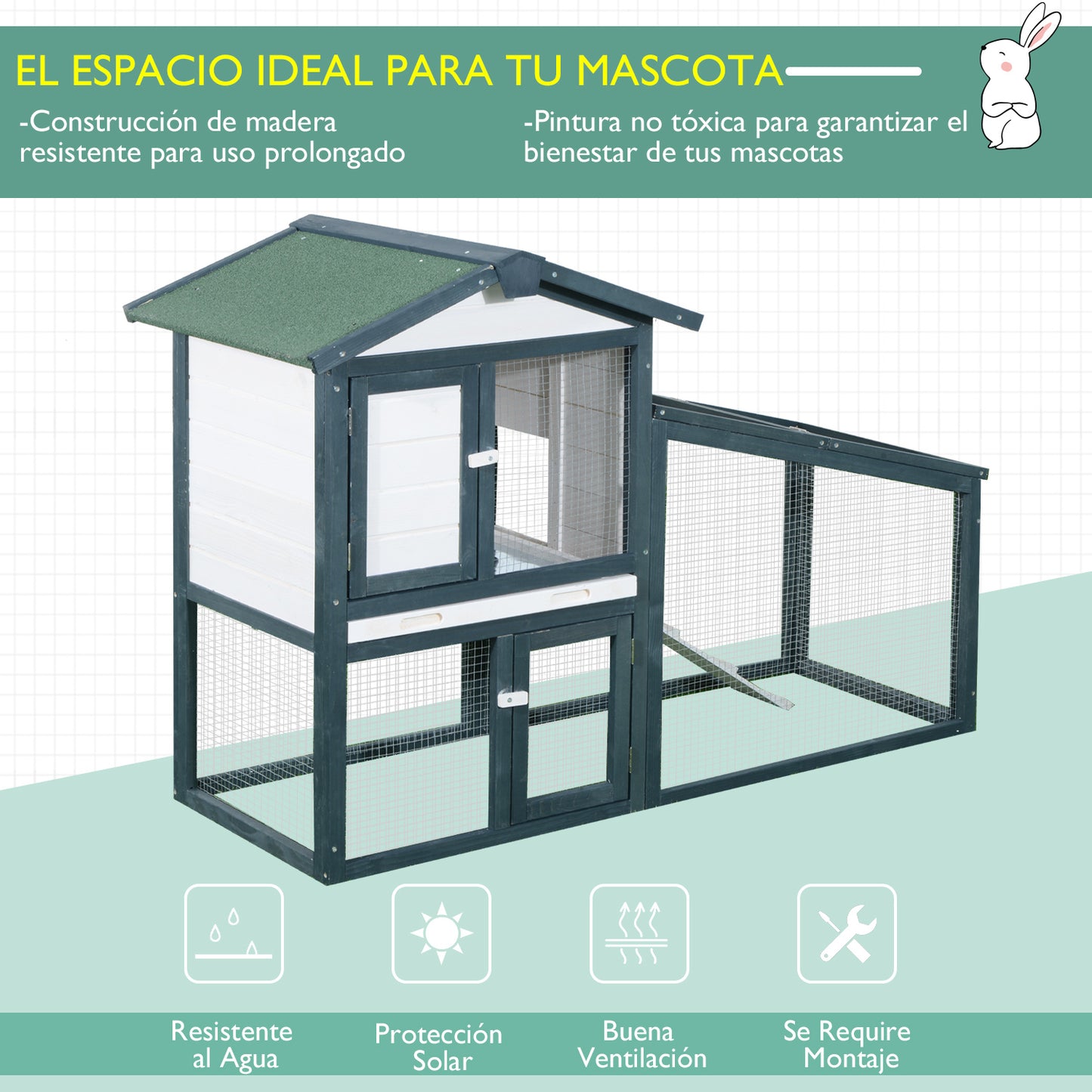 Pawhut Conejera De Madera Exterior 2 Niveles Con Bandeja Extraíble 140x65x100 Cm_5