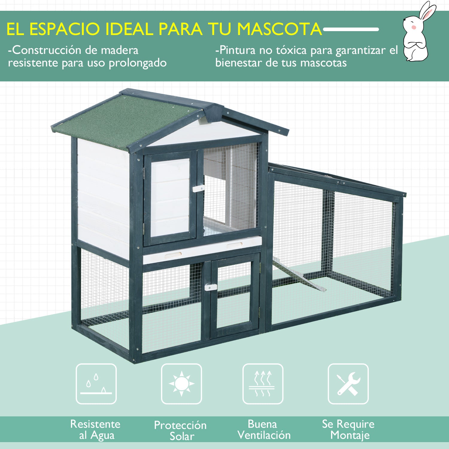 Pawhut Conejera De Madera Exterior 2 Niveles Con Bandeja Extraíble 140x65x100 Cm_5