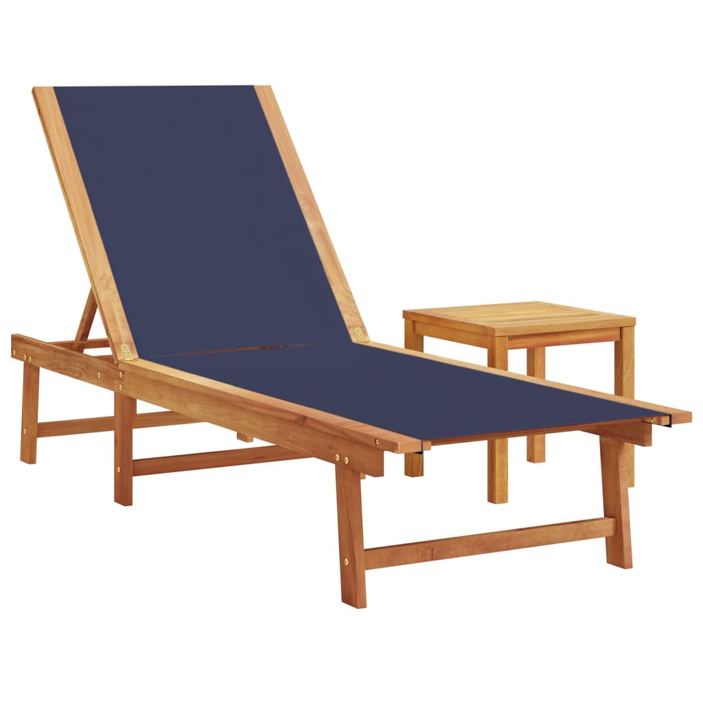 Tumbonas 2 Uds Con Mesa Madera Maciza Acacia Y Textileno Azul / Vetonek_1