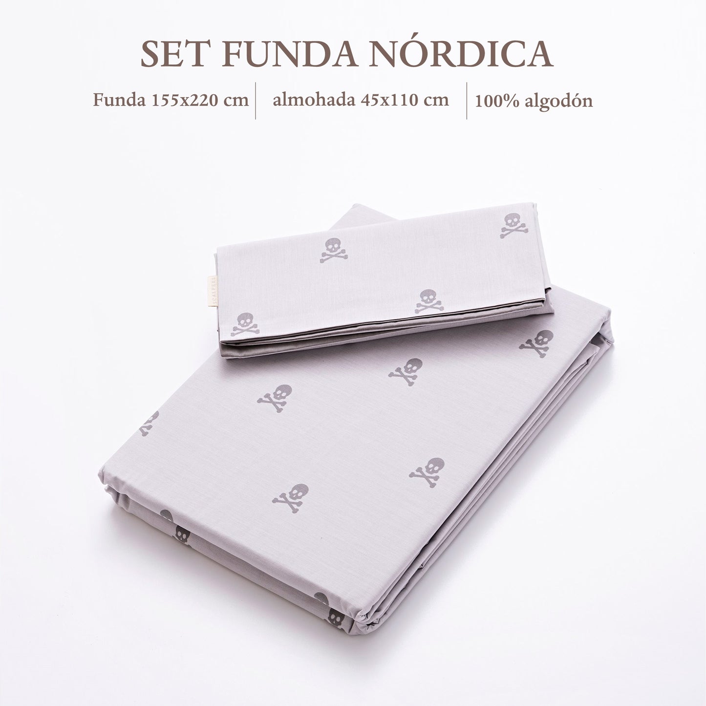 Set Cama (funda Nórdica 155x220cm + Funda Almohada 45x110cm) 100% Algodón Gris Oscuro Y Gris Claro Calaveras Scalpers Home_1