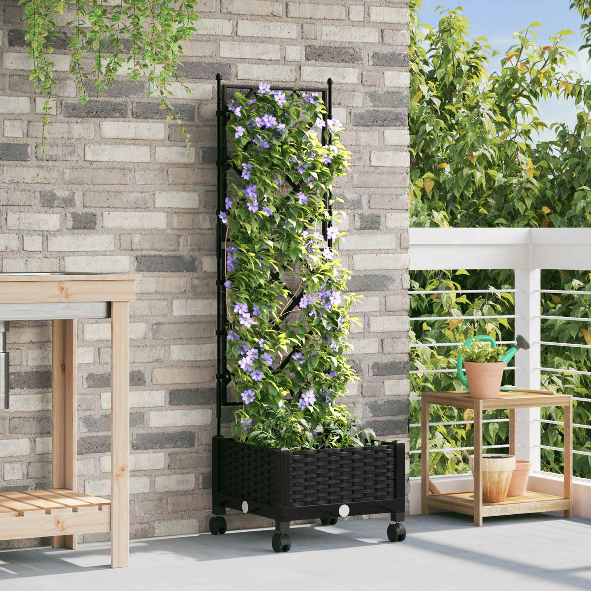 Jardinera Con Enrejado Y Ruedas Negro 40 X 40 X 131,5 Cm Pp_1