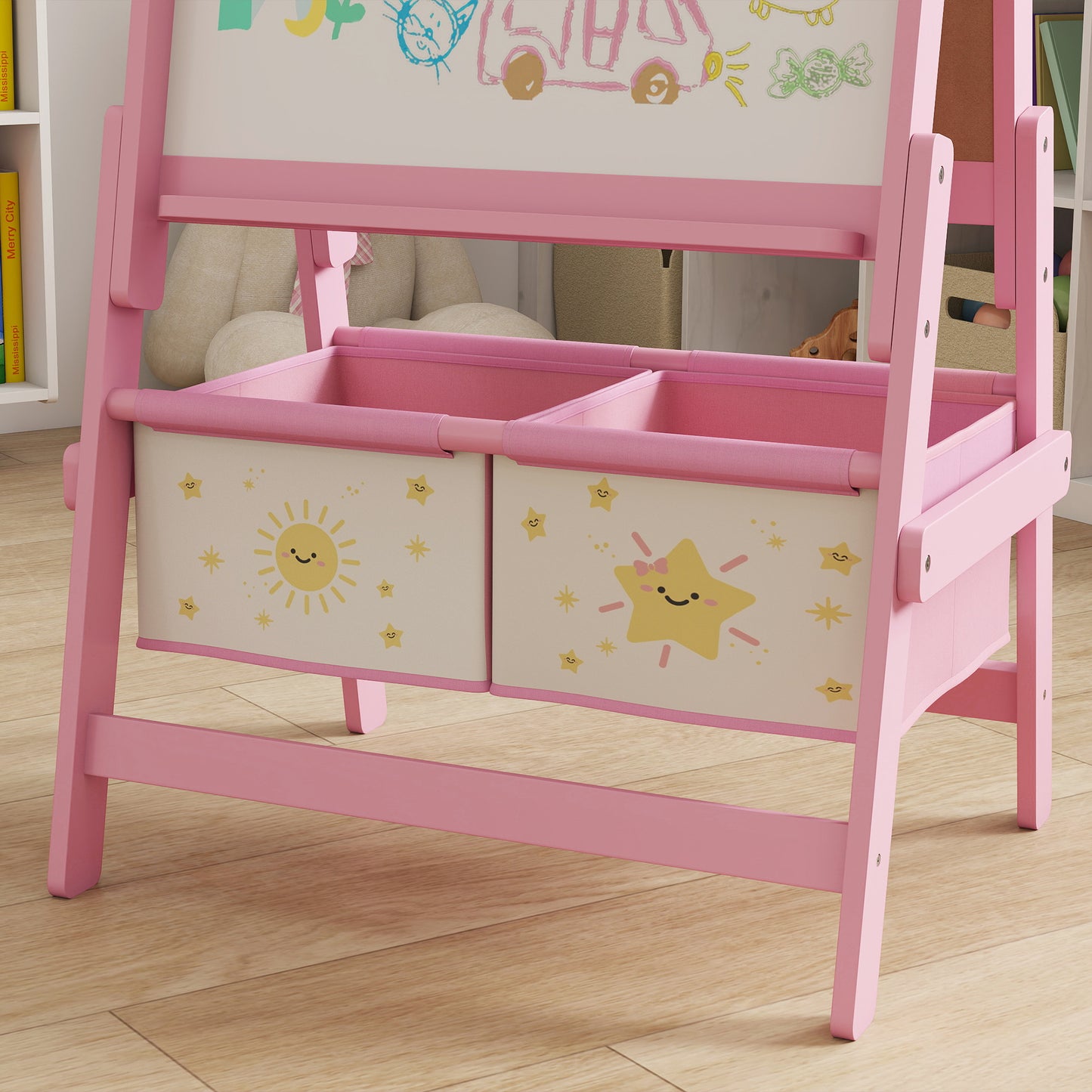 Aiyaplay Pizarra Infantil Caballete 3 En 1 Con Rollo De Papel Y Cestas Rosa_4