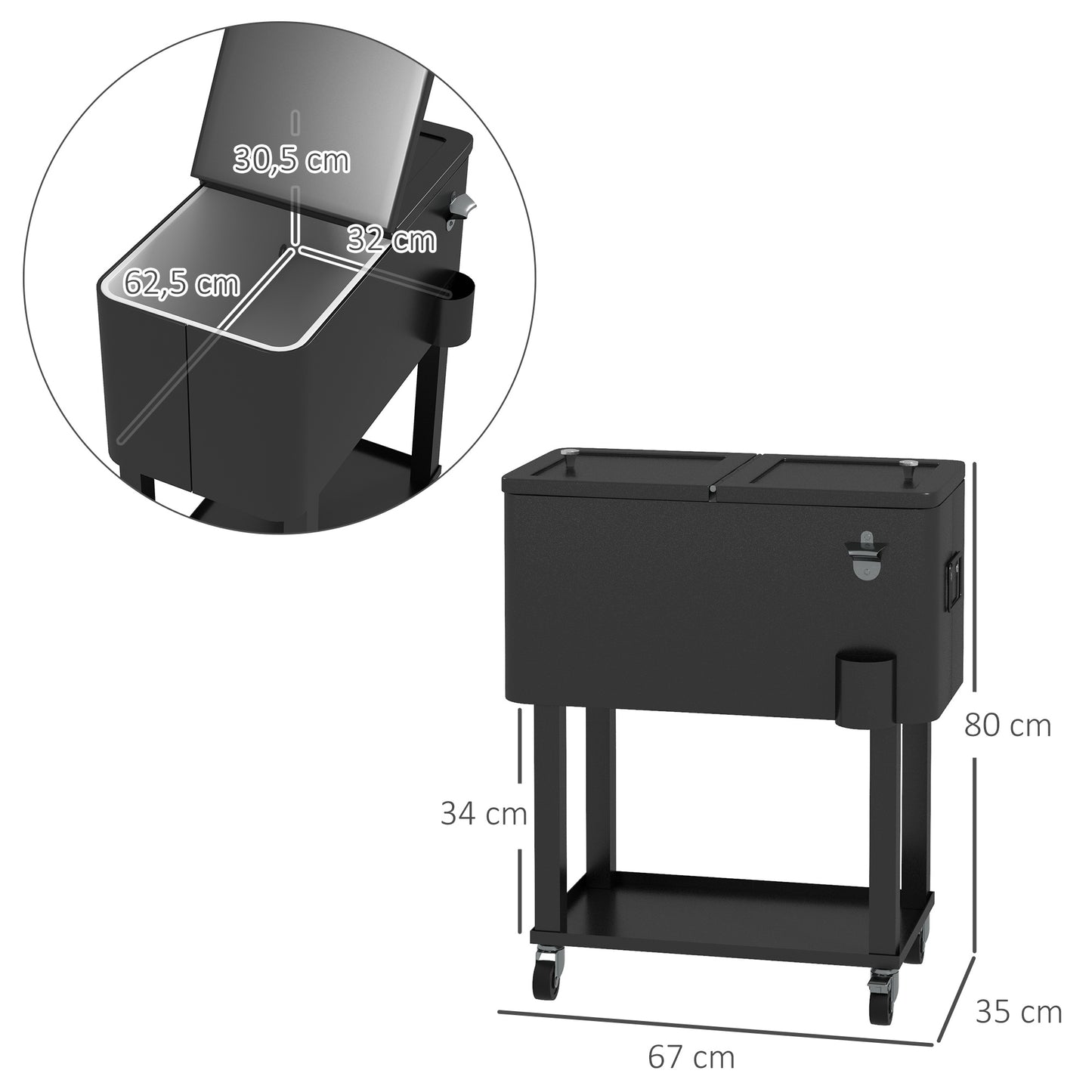 Outsunny Carro De Bebidas Refrigerado 56l Con Ruedas 67x35x80 Cm Negro_2