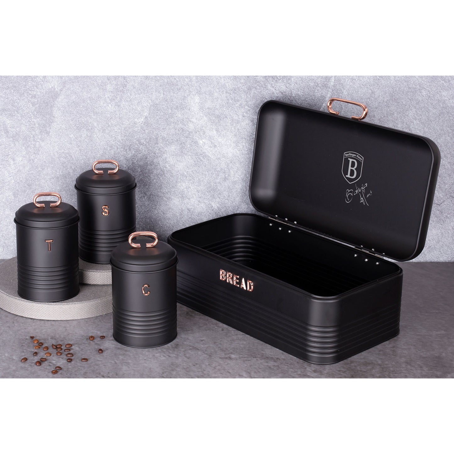 Panera De Mesa +juego 3 Botes Cocina Almacenaje Acero Inoxidable Contenedor De Pan Con Tapa Berlinger Haus Black Rose, Oro Rosado/negro_1