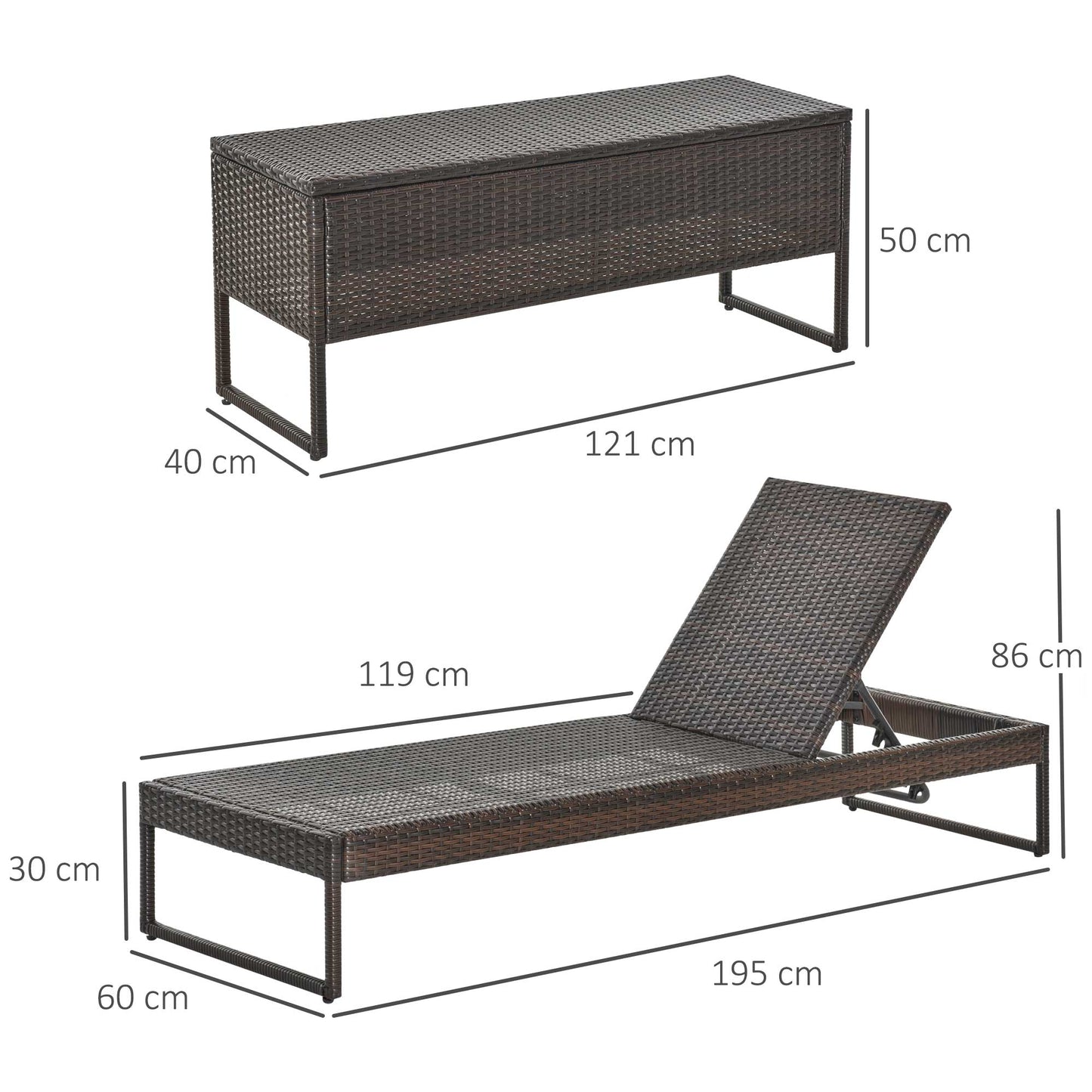 Outsunny Conjunto De 2 Tumbonas De Terraza Con Mesa Ratán 195x60x86 Cm Marrón_2