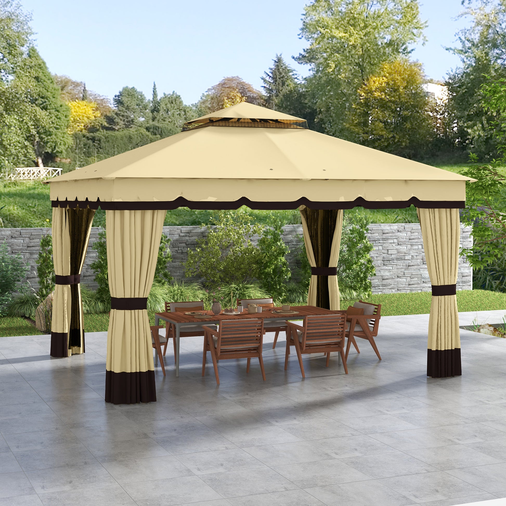 Outsunny Cenador De Jardín 370x300x275 Cm Con 4 Paredes Laterales Beige_1