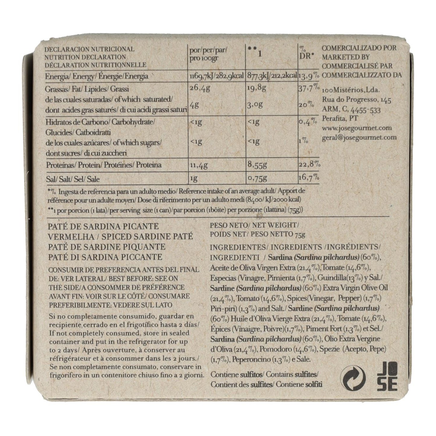Patê de Sardinha Picante em Conserva Jose Gourmet 75 g
