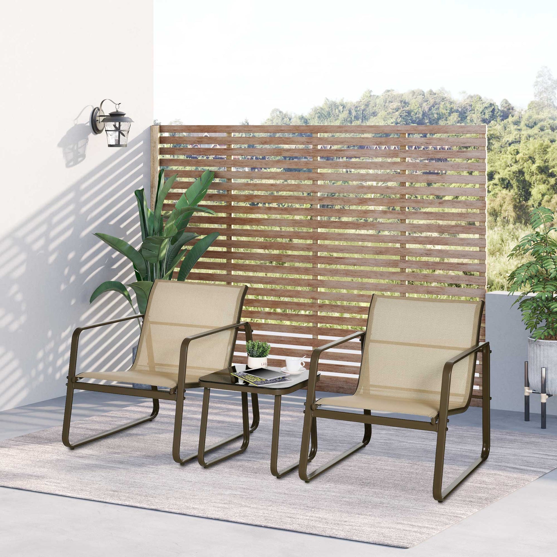 Outsunny Conjunto De Muebles De Jardín 3 Piezas Mesa De Vidrio Y 2 Sillas Caqui_1
