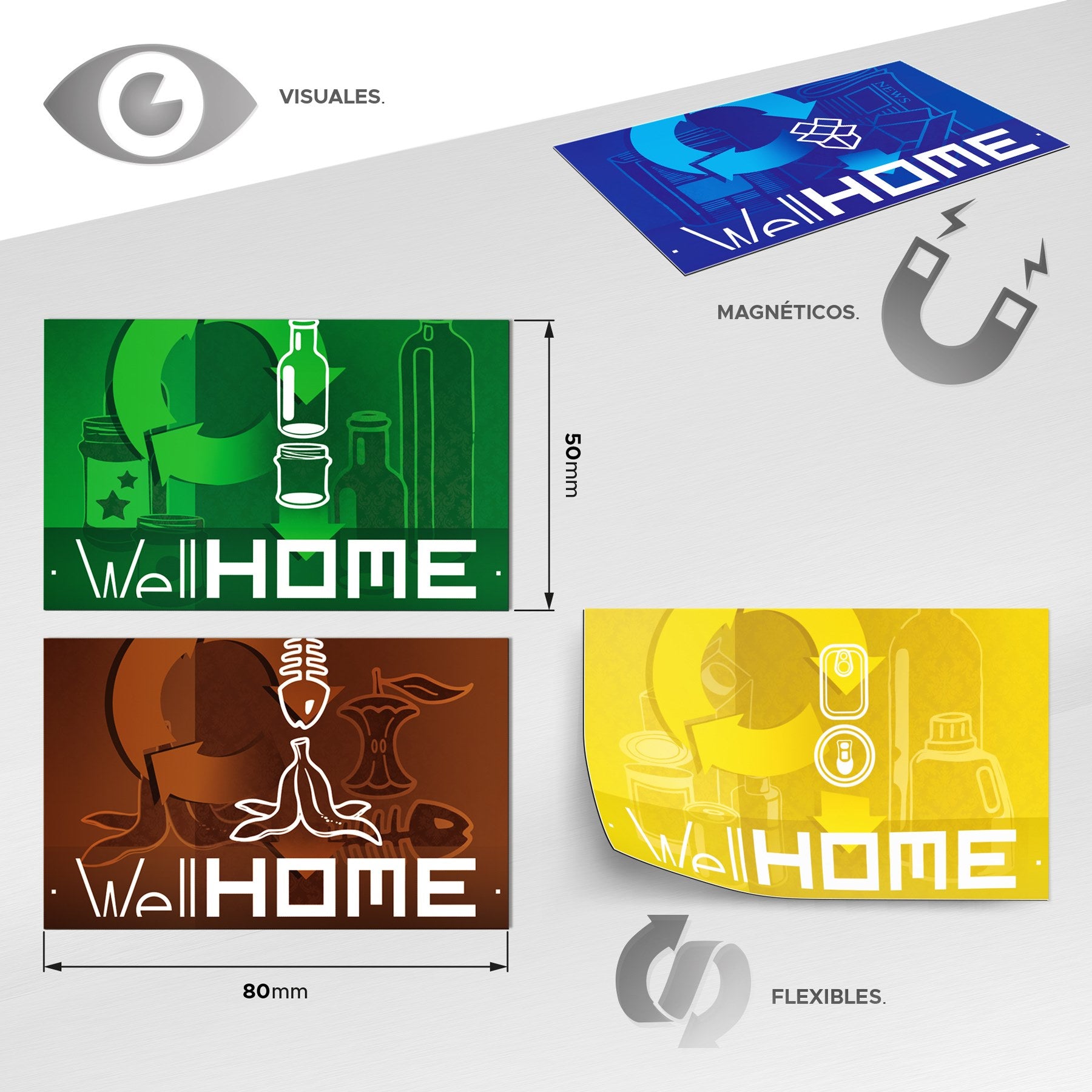 Set De 4 Etiquetas Magnéticas Para Reciclaje, En Pvc, Mate - Full-color - De 80mm X 50mm