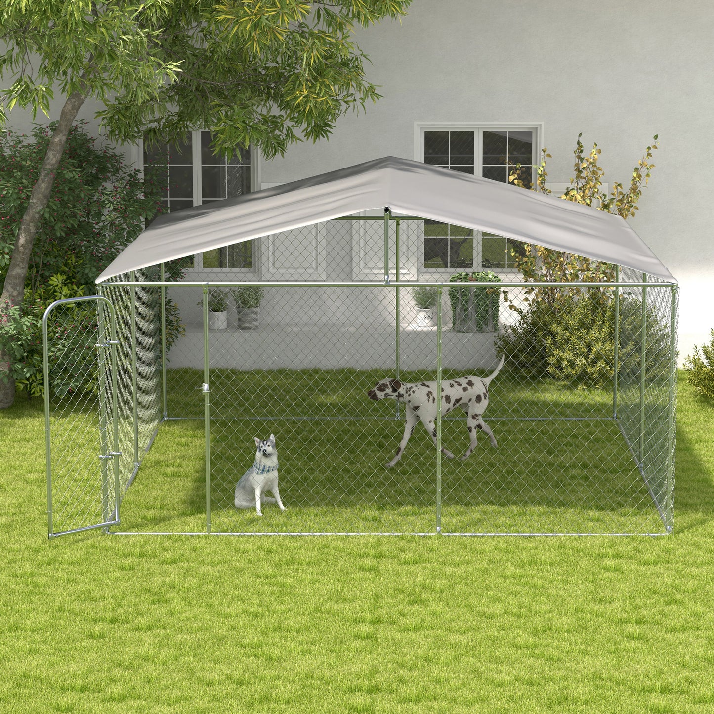 Pawhut Perrera Con Toldo Anti-uv Impermeable Con Puerta 4x4x2,3 M Plata_3