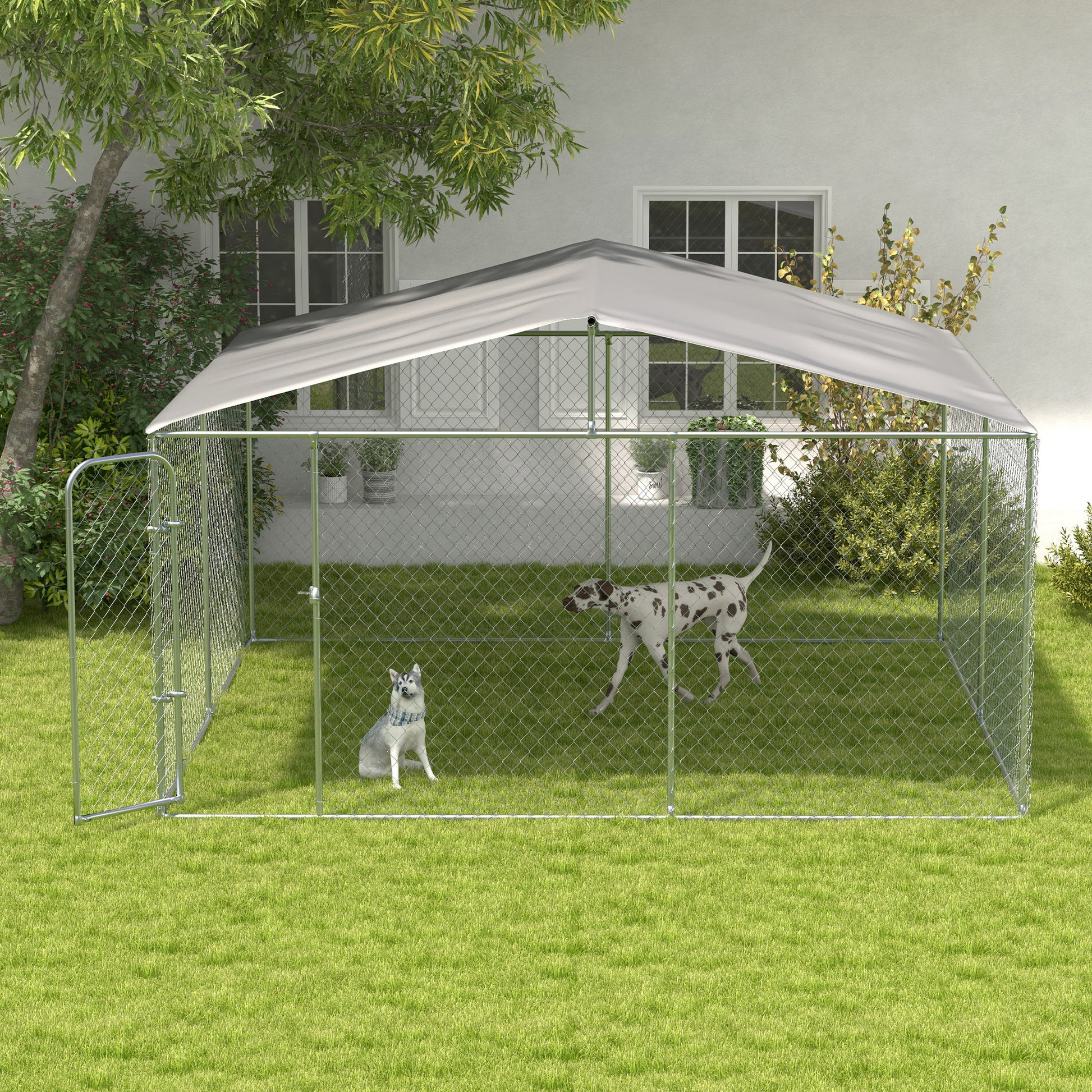 Pawhut Perrera Con Toldo Anti-uv Impermeable Con Puerta 4x4x2,3 M Plata_3