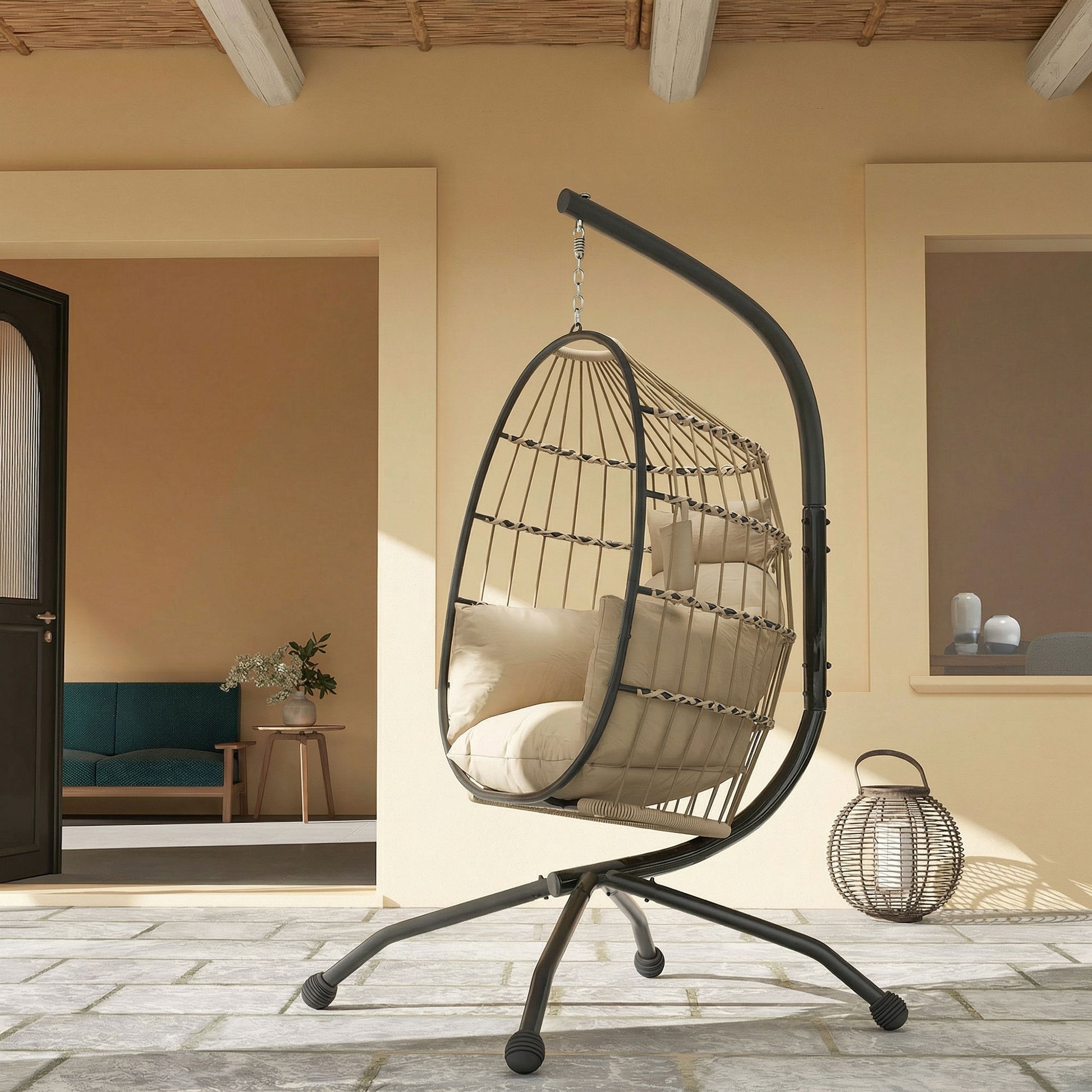 Outsunny Silla Colgante Huevo Con Soporte Cesta Plegable Cojín Carga 120kg Caqui_1
