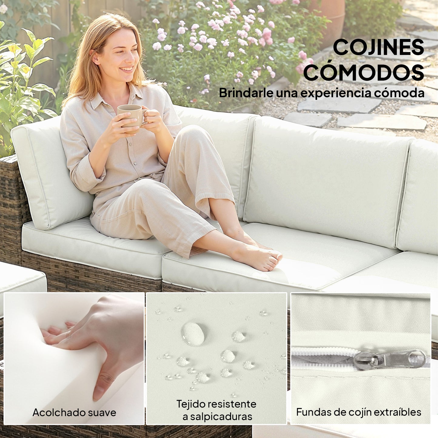 Outsunny Conjunto Muebles Jardín Exterior De Ratán 6 Piezas Cojines Amarillo_5