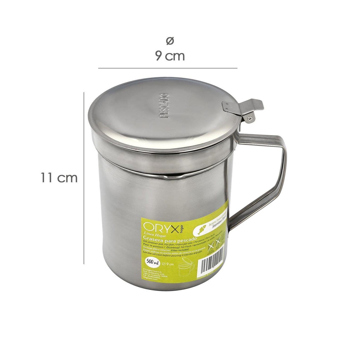 Grasera Acero Inoxidable Para Pescado Aceitera Aceite Usado 0,5 L. Con Colador Y Tapa, Recipiente Reciclaje Aceite Usado Pescado_1