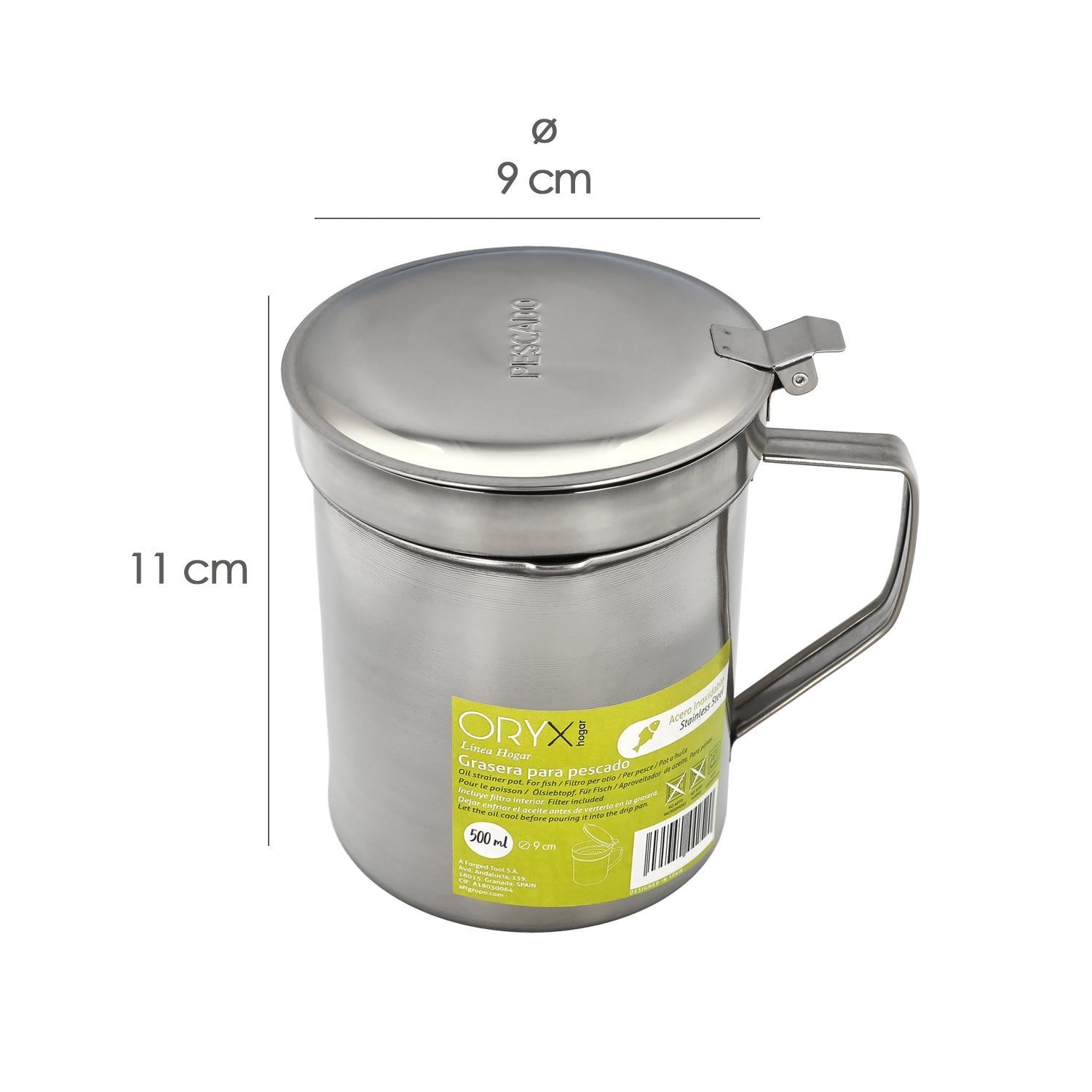 Grasera Acero Inoxidable Para Pescado Aceitera Aceite Usado 0,5 L. Con Colador Y Tapa, Recipiente Reciclaje Aceite Usado Pescado